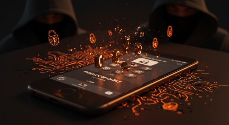 Fallas de seguridad en Freedom Chat que exponen PINs y teléfonos de usuarios representadas con interfaz de app y símbolos de vulnerabilidad digital.
