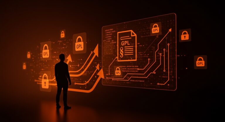 Startup tecnológica frente a pantalla digital con código GPL y símbolos legales, representando el fallo clave que fortalece licencias open source en LATAM.