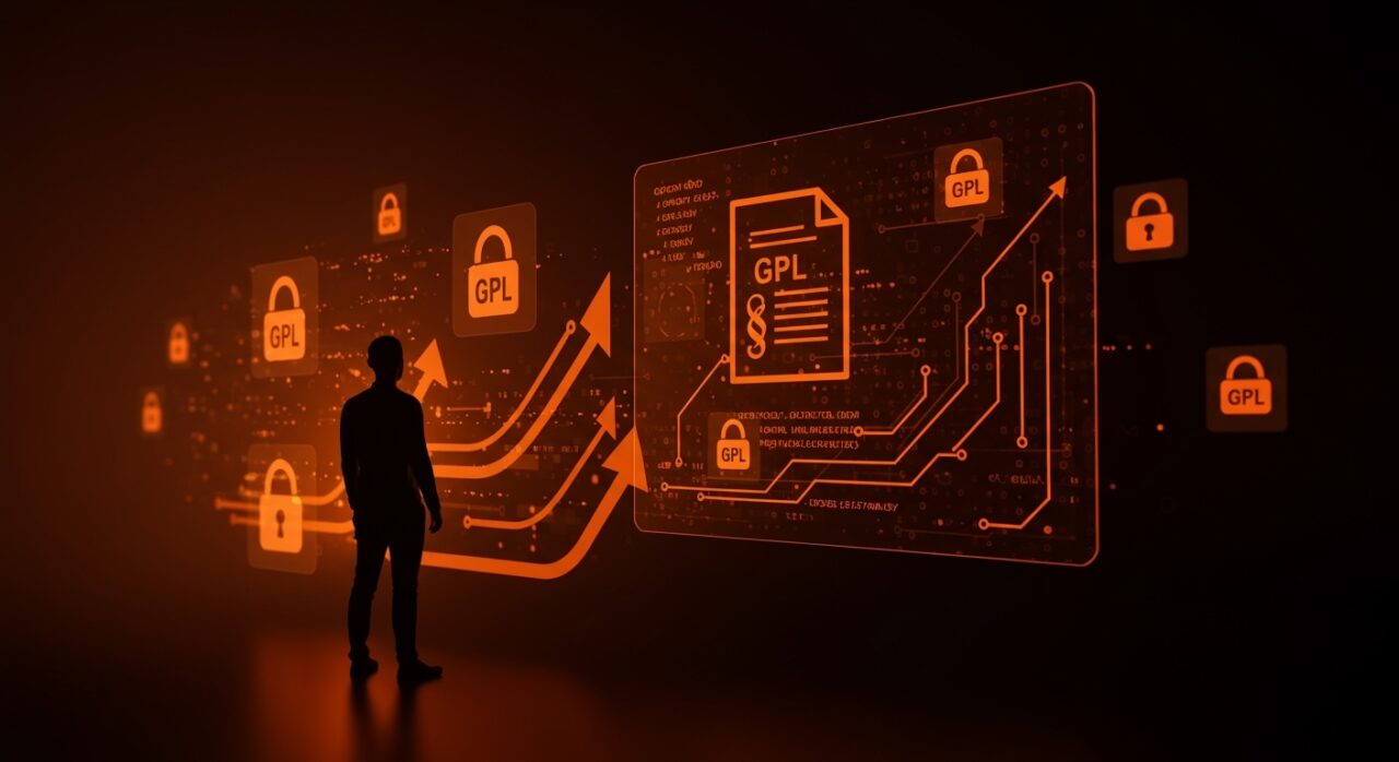 Startup tecnológica frente a pantalla digital con código GPL y símbolos legales, representando el fallo clave que fortalece licencias open source en LATAM.