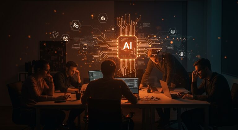 Equipo de desarrollo de software experimentando fatiga cognitiva por inteligencia artificial acelerando procesos, destacando retos y estrategias en tecnología.