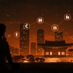 Crisis de fertilidad en Corea del Sur representada con un tomador de decisiones frente a un paisaje urbano futurista, destacando desafíos demográficos y políticas públicas.