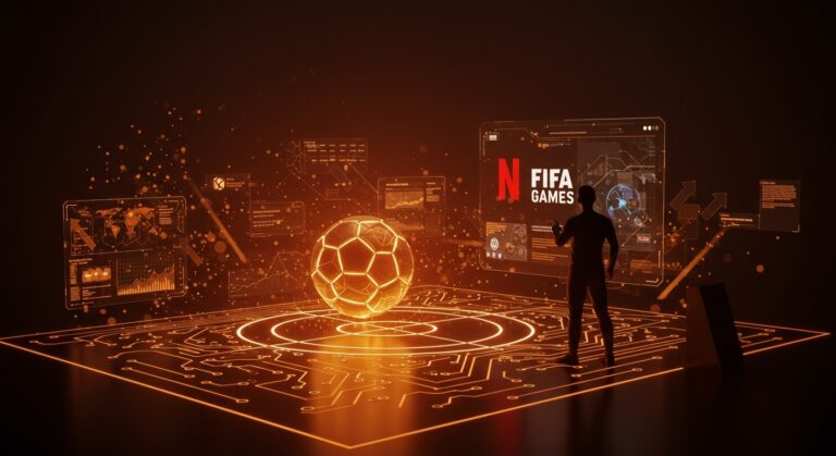 Innovación en fútbol digital con FIFA y Netflix Games integrados en una escena futurista de videojuegos deportivos y tendencias gaming.