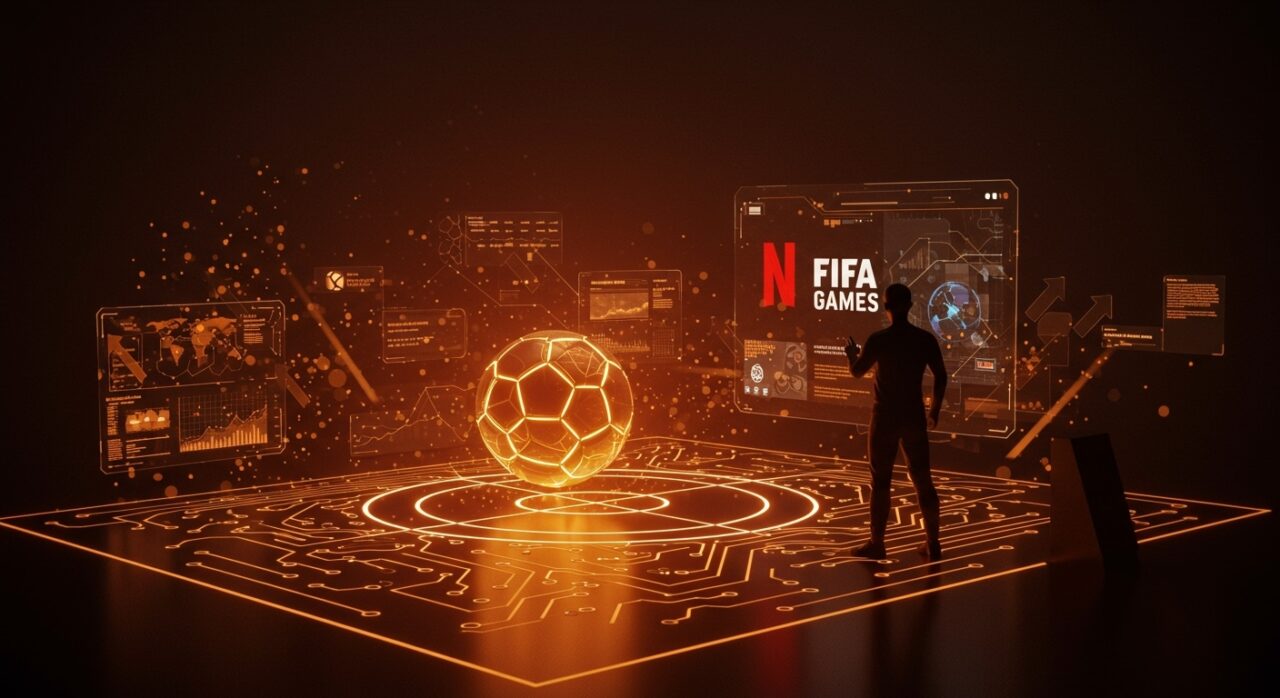 Innovación en fútbol digital con FIFA y Netflix Games integrados en una escena futurista de videojuegos deportivos y tendencias gaming.