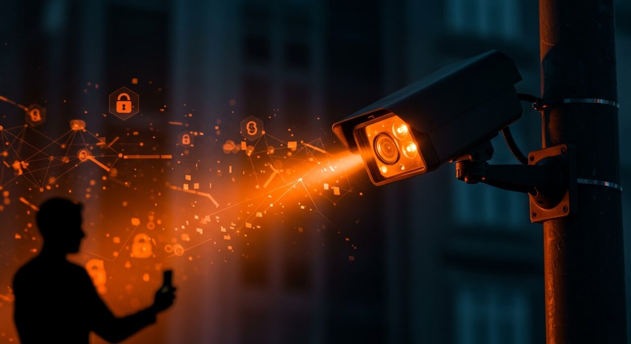 Cámara de vigilancia Flock ALPR en Florida destacada en colores naranja y negro, simbolizando la ley que prohíbe bloqueadores y su impacto en IA y privacidad.