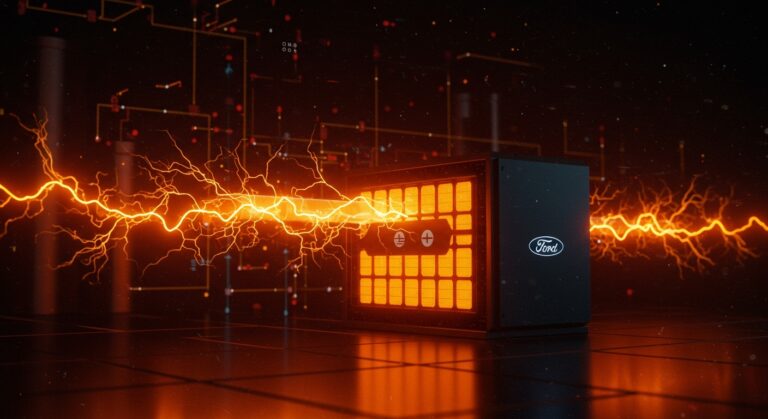 Unidad de almacenamiento de energía Ford con baterías LFP para data centers, destacando innovación tecnológica y energía sostenible.