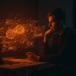 Founder analizando retos de experiencia de usuario en software libre y comunidad tech open source con un entorno digital inmersivo.