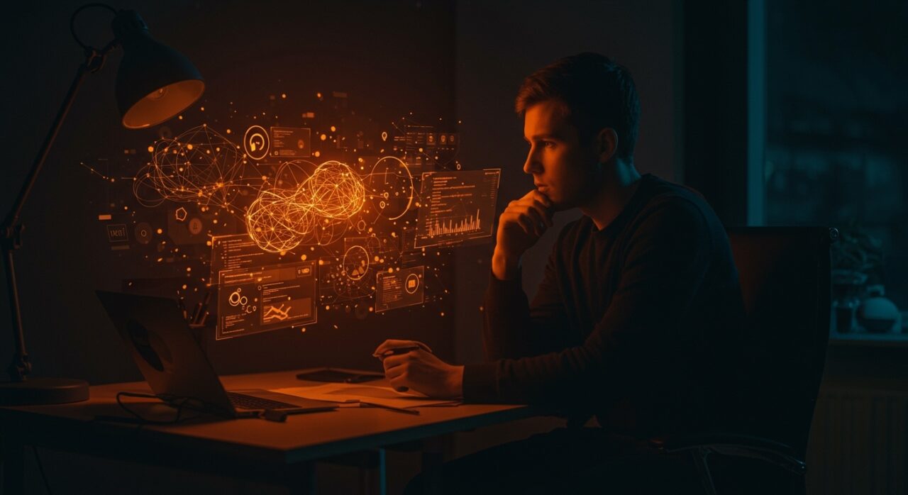Founder analizando retos de experiencia de usuario en software libre y comunidad tech open source con un entorno digital inmersivo.
