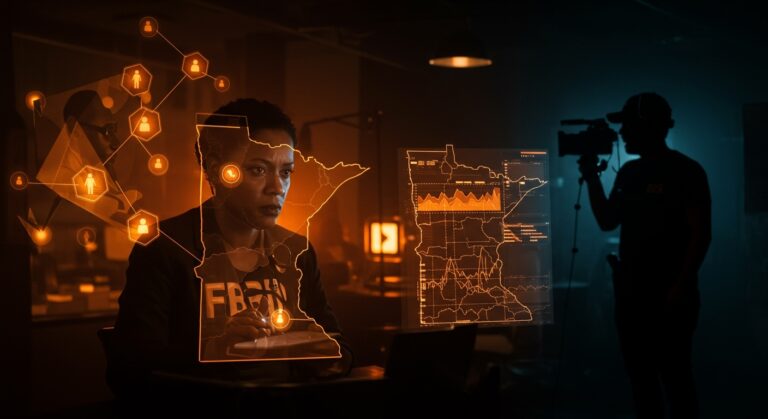 Escena de un agente del FBI junto a flujos digitales sobre un mapa de Minnesota y un YouTuber que simboliza la exposición del fraude millonario y la transparencia institucional.
