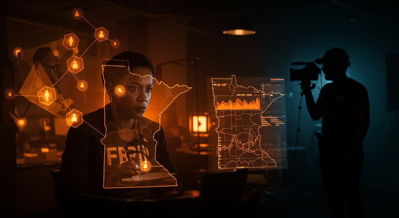 Escena de un agente del FBI junto a flujos digitales sobre un mapa de Minnesota y un YouTuber que simboliza la exposición del fraude millonario y la transparencia institucional.