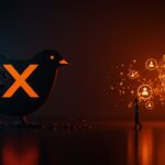 Representación visual del abandono de FSFE de la plataforma X y el impacto en el software libre y la comunidad tecnológica hacia redes descentralizadas.