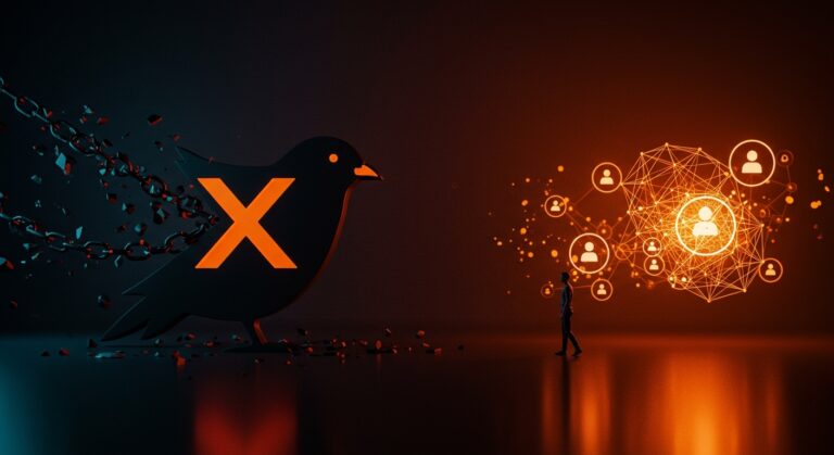 Representación visual del abandono de FSFE de la plataforma X y el impacto en el software libre y la comunidad tecnológica hacia redes descentralizadas.