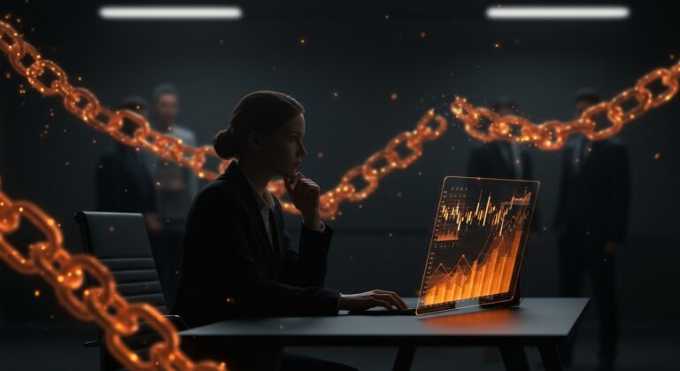 Caroline Ellison y el impacto del caso FTX en el mercado cripto representado con gráficos digitales y cadenas fracturadas en tonos naranja y negro.