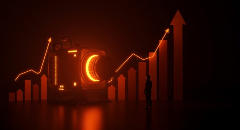 Reactor nuclear modular de 1MW iluminado en tonos naranja con un fundador observando, simbolizando funding y tecnología deeptech en energía limpia.