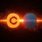 Ilustración conceptual de la fusión de Coursera y Udemy creando un gigante EdTech en capacitación en IA y el impacto en startups y el mercado laboral.