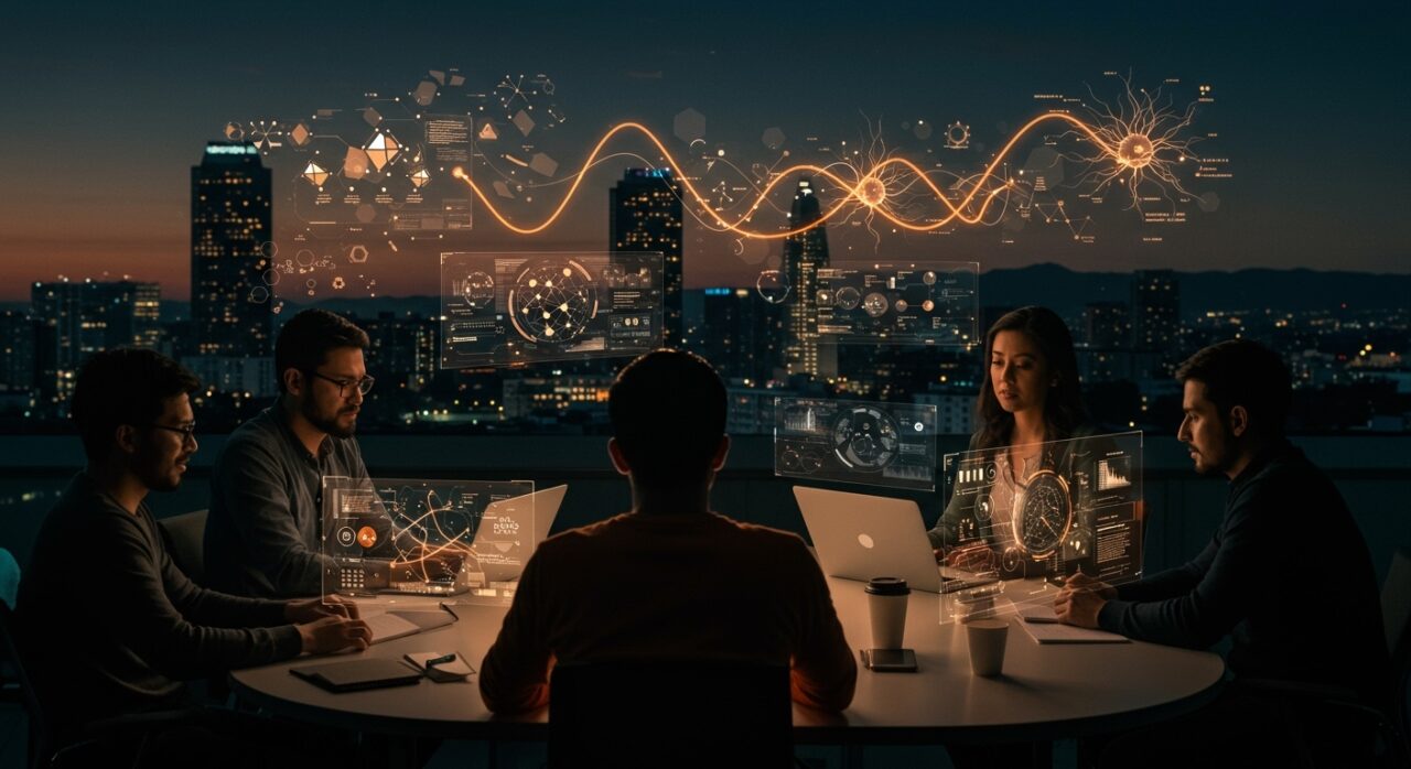 Fundadores tecnológicos hispanos colaborando en innovaciones de deep tech y neurotecnología en StrictlyVC Palo Alto 2025.