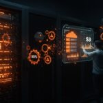 Almacenamiento S3 resiliente y open source para startups representado por un servidor moderno con interfaces holográficas en tonos naranja y negro.