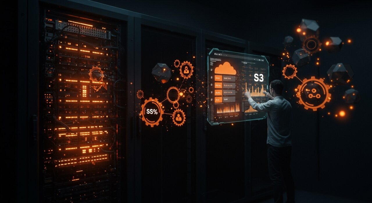 Almacenamiento S3 resiliente y open source para startups representado por un servidor moderno con interfaces holográficas en tonos naranja y negro.