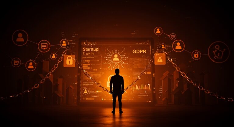 Responsabilidad legal de plataformas digitales bajo GDPR ilustrada con cadenas digitales y contenido generado por usuarios, contexto startup y regulación europea.