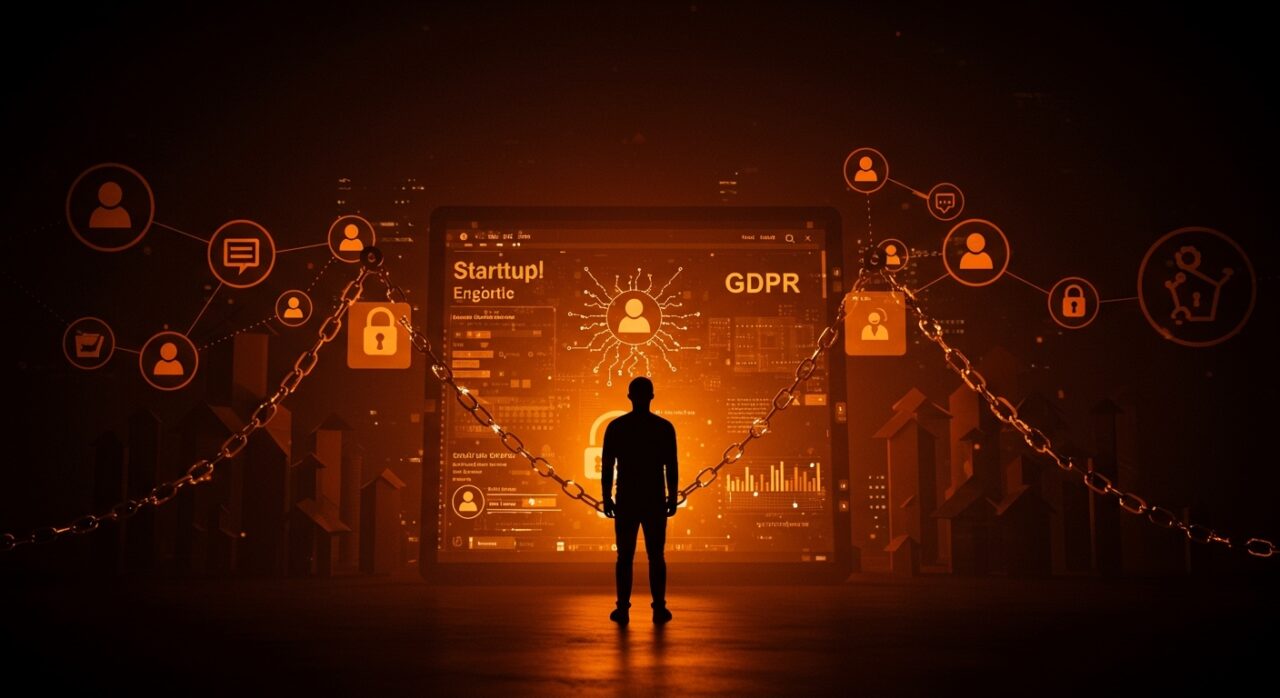 Responsabilidad legal de plataformas digitales bajo GDPR ilustrada con cadenas digitales y contenido generado por usuarios, contexto startup y regulación europea.