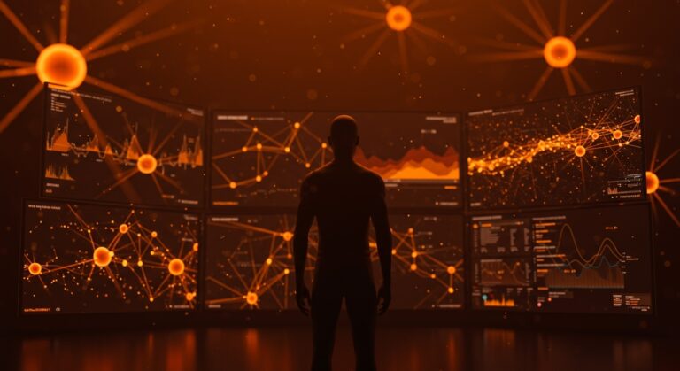 Gemini 3 Flash de Google representado con redes neuronales y flujos de datos en tonos naranjas y negros, simbolizando IA rápida y rentable para empresas tecnológicas.