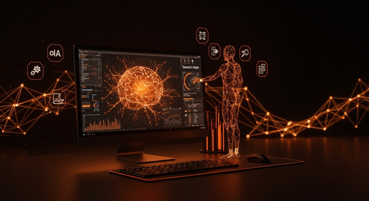 Visualización de Gemini 3 Flash, el modelo de inteligencia artificial veloz y eficiente de Google, destacando innovación en desarrollo de software y automatización.