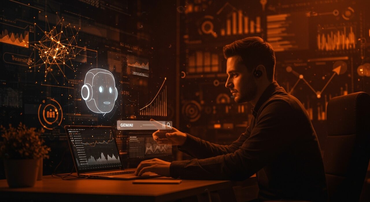 Founder tech interactuando con un chatbot IA Gemini en un entorno digital futurista que representa las tendencias de búsqueda en Google y la inteligencia artificial en 2025.