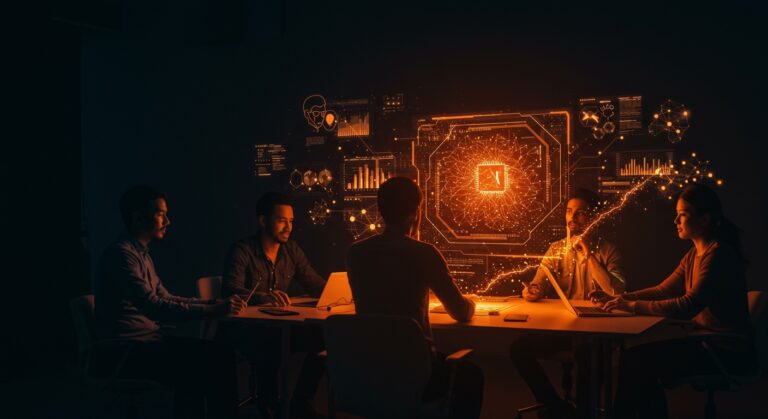 Generalistas colaborando con tecnología de IA en una startup, simbolizando adaptabilidad y liderazgo en la era de la contratación tech.