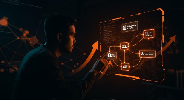 Fundador tech supervisando panel digital con pipelines CI/CD y self-hosted runners en GitHub Actions, simbolizando automatización SaaS gratuita.