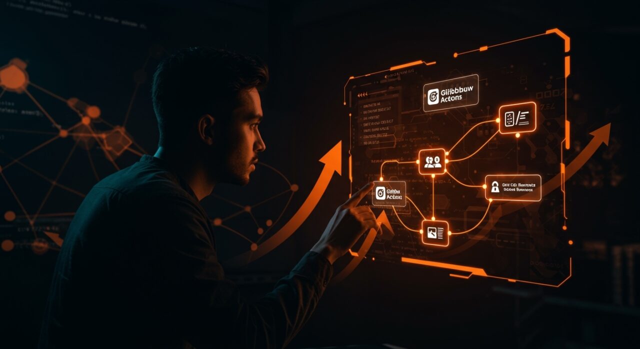 Fundador tech supervisando panel digital con pipelines CI/CD y self-hosted runners en GitHub Actions, simbolizando automatización SaaS gratuita.