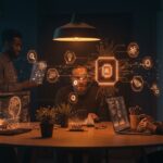 Fundadores de startups interactuando con interfaces de inteligencia artificial multimodal open source en un entorno tecnológico avanzado.