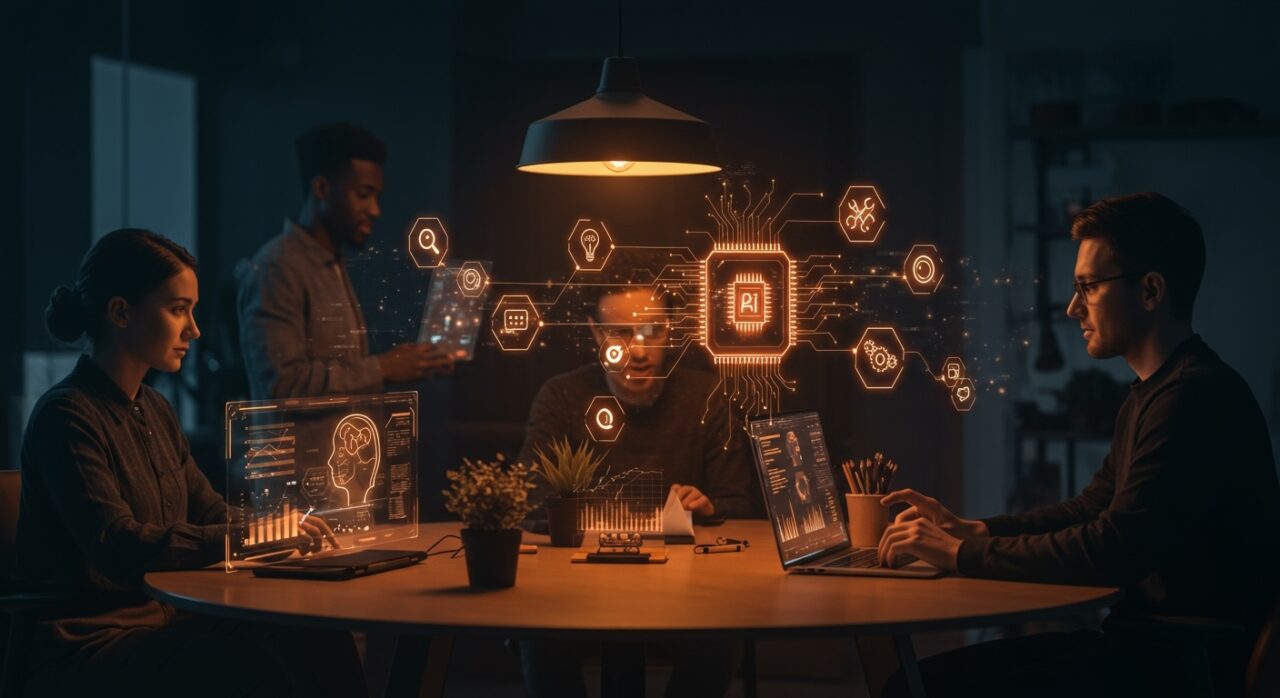 Fundadores de startups interactuando con interfaces de inteligencia artificial multimodal open source en un entorno tecnológico avanzado.