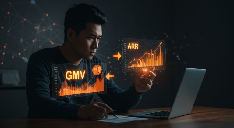 Founder analizando la diferencia crítica entre GMV y ARR en métricas financieras para startups SaaS e IA en un entorno tecnológico moderno.