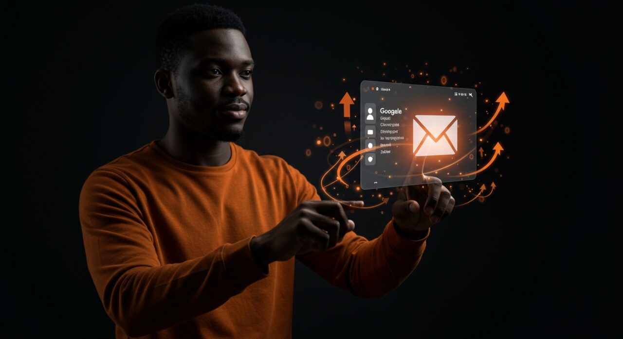 Founder tecnológico edición dirección Gmail, mostrando gestión de cuentas y branding digital para startups.