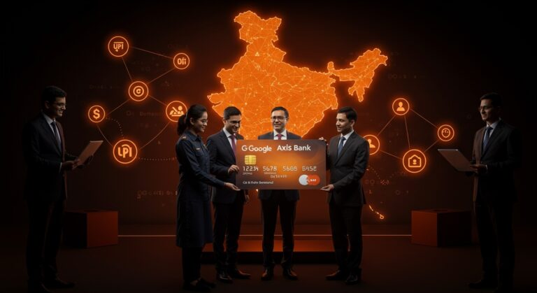 Tarjeta de crédito co-brandeada de Google y Axis Bank para crédito al consumidor en India, destacando innovación fintech y mercado financiero.