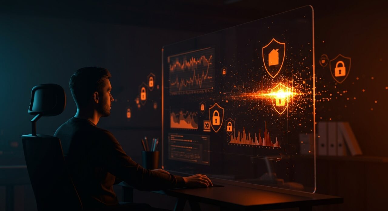 Founder observando un informe digital de web oscura eliminado por Google, destacando la seguridad online y la protección de datos para startups tech.