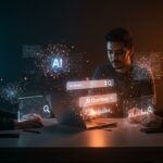 Fundadores hispanos trabajando con interfaces holográficas de IA de Google que representan la innovación en buscadores con AI Overviews y AI Mode.