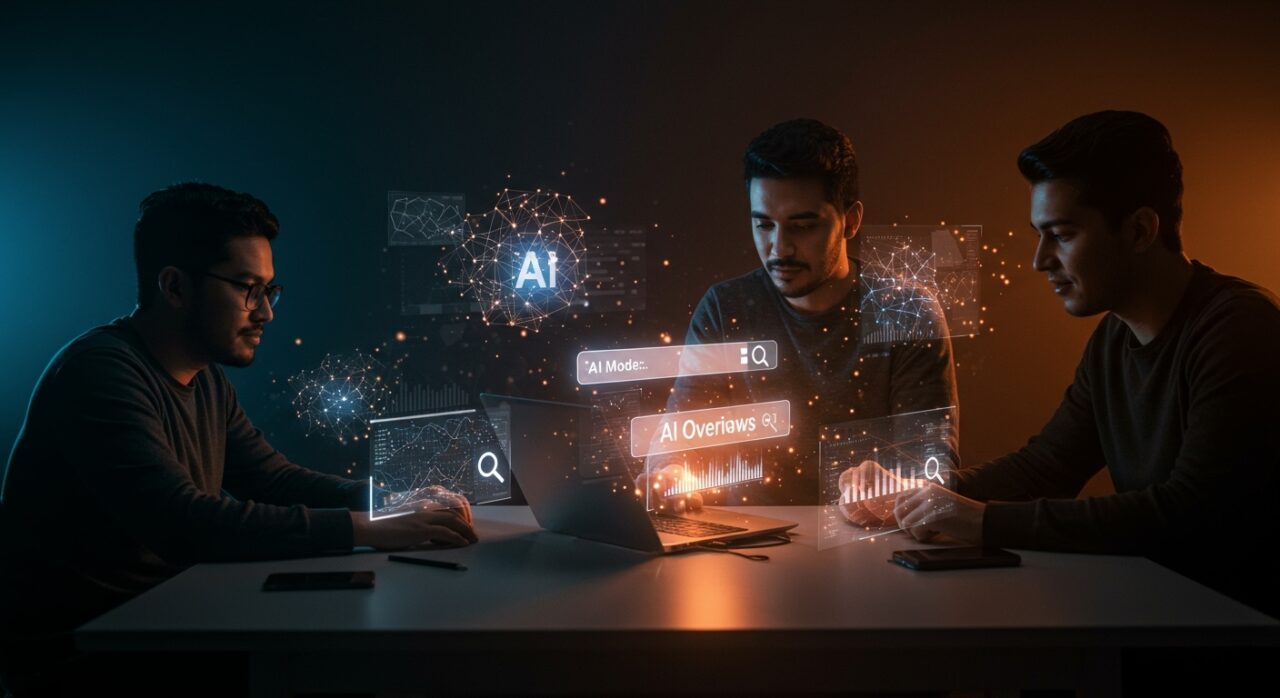 Fundadores hispanos trabajando con interfaces holográficas de IA de Google que representan la innovación en buscadores con AI Overviews y AI Mode.