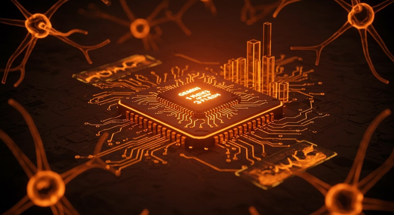 Ilustración del modelo AI Gemini 3 Flash de Google integrándose en aplicaciones de IA y ecosistema startup tecnológico.