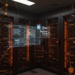 Servidores MCP de Google iluminados en naranja con interfaz holográfica de IA integrando Google Maps y BigQuery para automatización avanzada en startups.