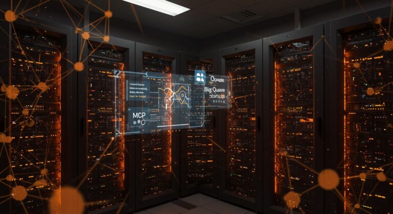 Servidores MCP de Google iluminados en naranja con interfaz holográfica de IA integrando Google Maps y BigQuery para automatización avanzada en startups.