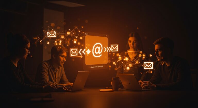 Equipo tech en un espacio futurista gestionando cambio de dirección de correo gmail, resaltando novedades y gestión de cuentas en Google 2025.