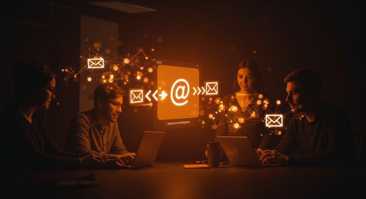 Equipo tech en un espacio futurista gestionando cambio de dirección de correo gmail, resaltando novedades y gestión de cuentas en Google 2025.