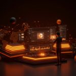 Interfaz futurista de edición de video con IA en Google Photos, mostrando automatización y plantillas digitales en estilo Ecosistema Startup.