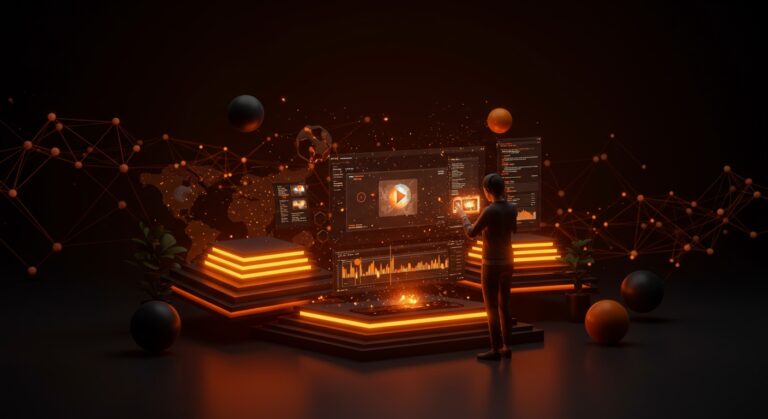 Interfaz futurista de edición de video con IA en Google Photos, mostrando automatización y plantillas digitales en estilo Ecosistema Startup.