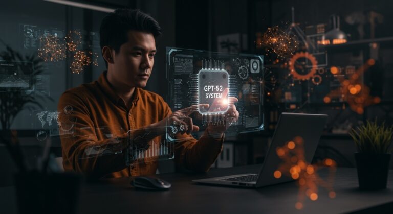 Founder tecnológico interactuando con la avanzada inteligencia artificial GPT-5.2 de OpenAI en entorno startup.