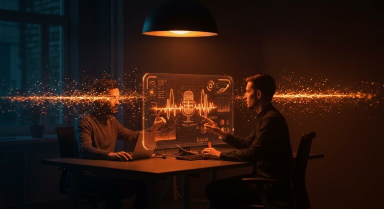 Fundadora de startup de IA de voz en París interactuando con interfaz holográfica, simbolizando financiación de 70M USD y crecimiento tecnológico.