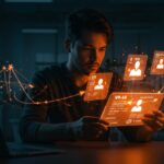 Founder tech revisando perfiles de redes sociales para cumplimiento de visa H-1B en contexto de inmigración y seguridad nacional en tecnología.