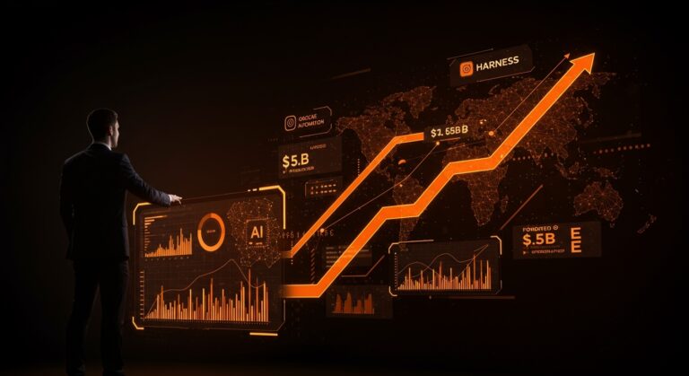 Líder empresarial frente a interfaz digital con IA aplicada y automatización resaltando la financiación Serie E y valoración de $5.5B de Harness.