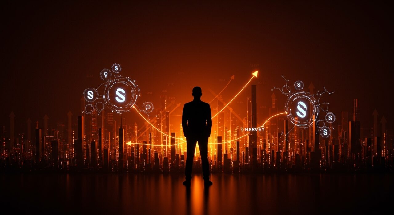 Líder startup frente a paisaje digital futurista representando la valoración de Harvey y la escalabilidad en IA legal.