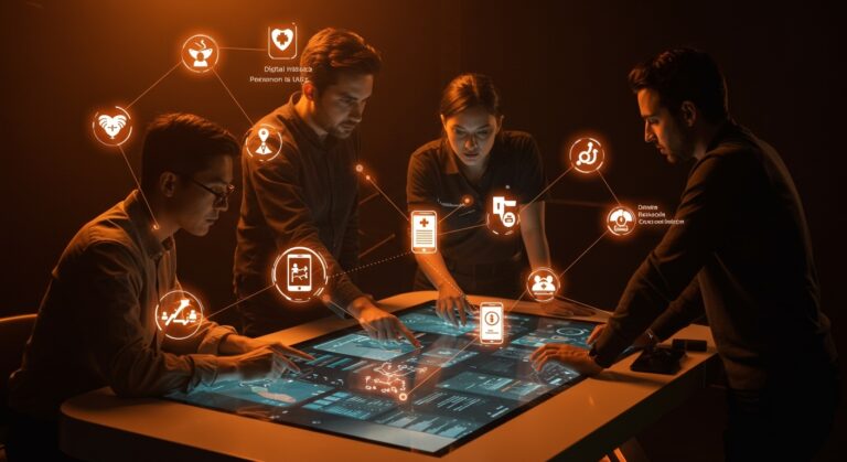 Equipo de startup en salud digital colaborando en la app HealthBird con CNT e IESS, simbolizando aprendizaje tras investigación de la Contraloría.